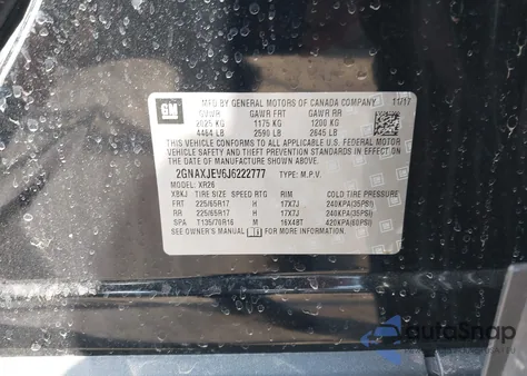 2018 Chevrolet Equinox Lt из США, поврежденный, VIN 2GNAXJEV6J6222777